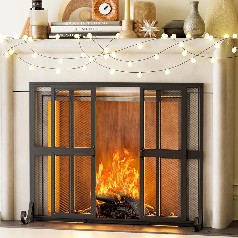 Wrought Iron Fireplace Screen with Sliding Doors, Large Spark Guard Pr