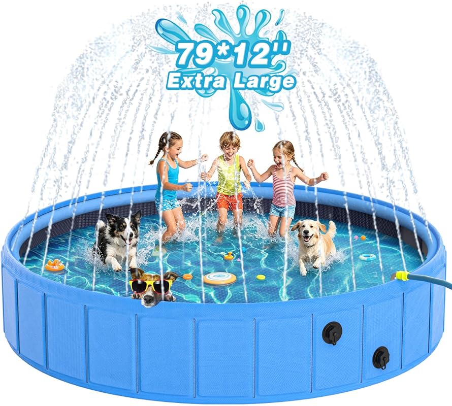 EPN 79-Inch Foldable Dog Pool with Sprinkler, Heavy-Duty Non-Slip Pet 