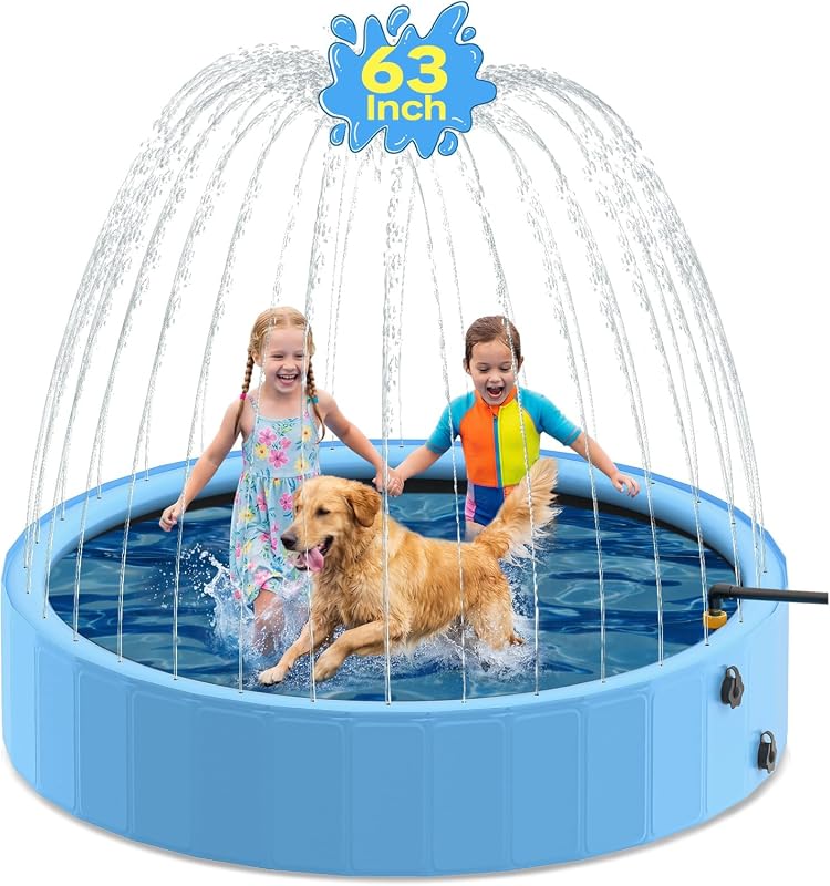 63-Inch 2-in-1 Foldable Dog Pool with Sprinkler, Heavy Duty Non-Slip P